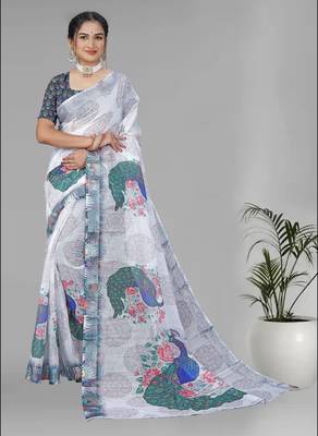 white peackock linen cotton digital print saree 3