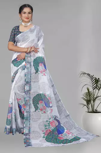 white peackock linen cotton digital print saree