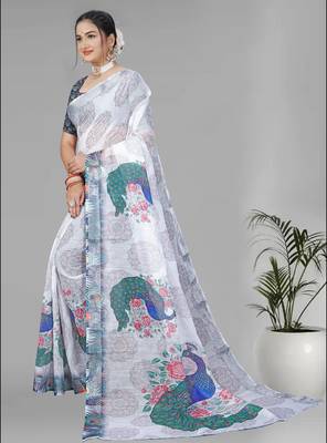 white peackock linen cotton digital print saree 4