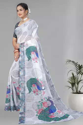 white peackock linen cotton digital print saree