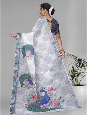 white peackock linen cotton digital print saree 5