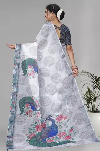 white peackock linen cotton digital print saree