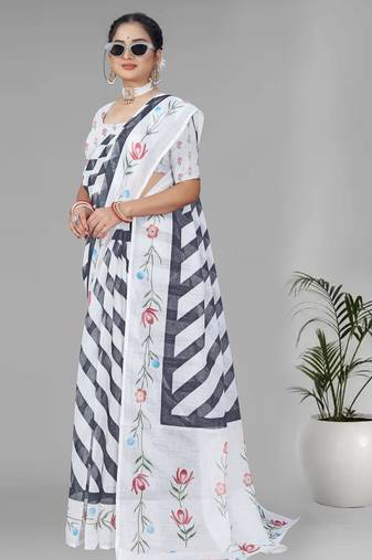 white  linen cotton lining  digital print saree ( white)