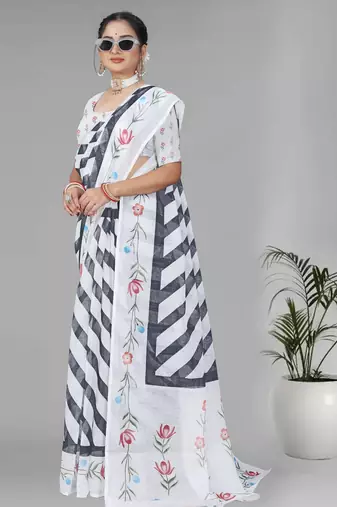 white  linen cotton lining  digital print saree ( white)
