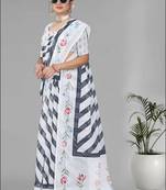 white  linen cotton lining  digital print saree ( white)