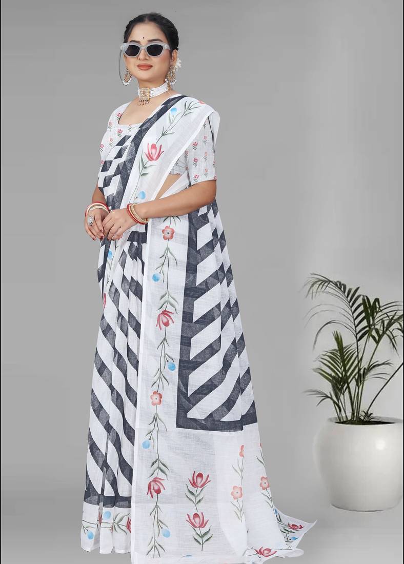white  linen cotton lining  digital print saree ( white)