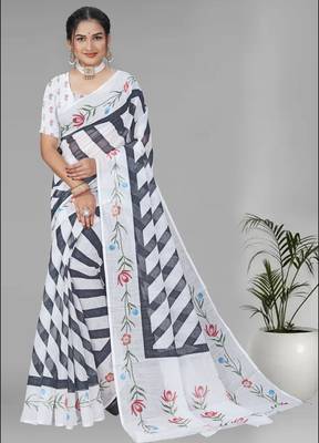 white  linen cotton lining  digital print saree ( white) 3