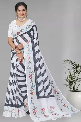 white  linen cotton lining  digital print saree ( white)