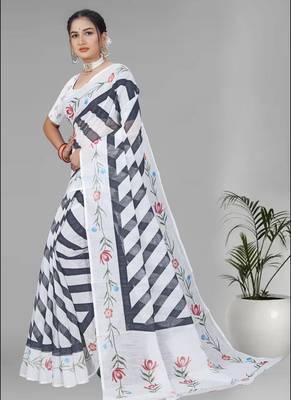 white  linen cotton lining  digital print saree ( white) 4