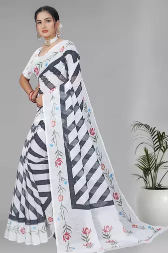 white  linen cotton lining  digital print saree ( white)