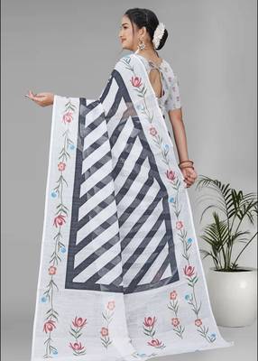 white  linen cotton lining  digital print saree ( white) 5