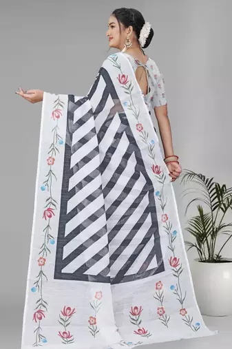 white  linen cotton lining  digital print saree ( white)