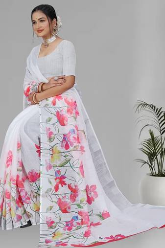 white floral linen cotton digital print saree (white)