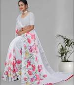 white floral linen cotton digital print saree (white)