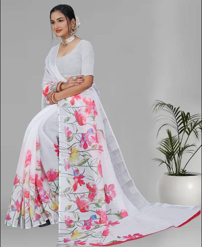 white floral linen cotton digital print saree (white)