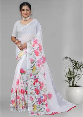 white floral linen cotton digital print saree (white) 3