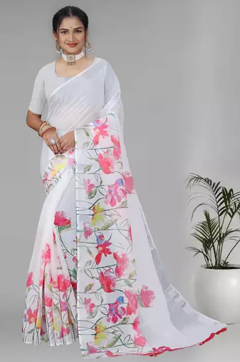 white floral linen cotton digital print saree (white)