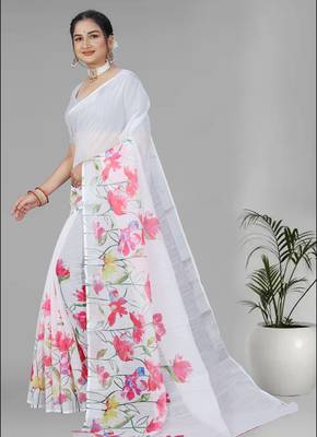 white floral linen cotton digital print saree (white) 4