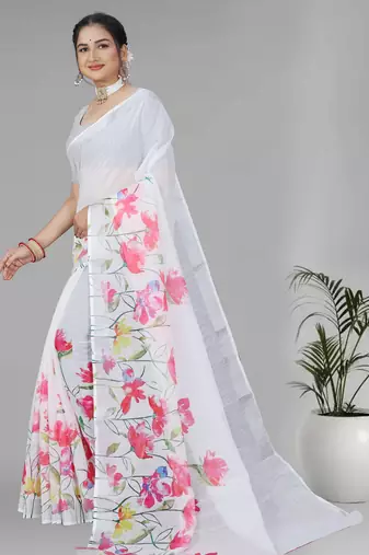 white floral linen cotton digital print saree (white)