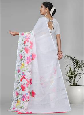 white floral linen cotton digital print saree (white) 5