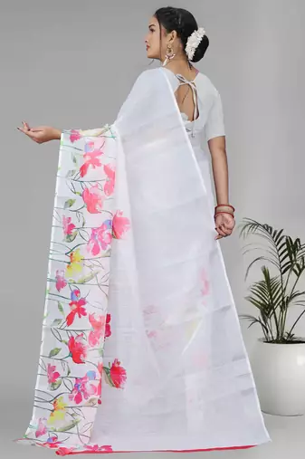 white floral linen cotton digital print saree (white)