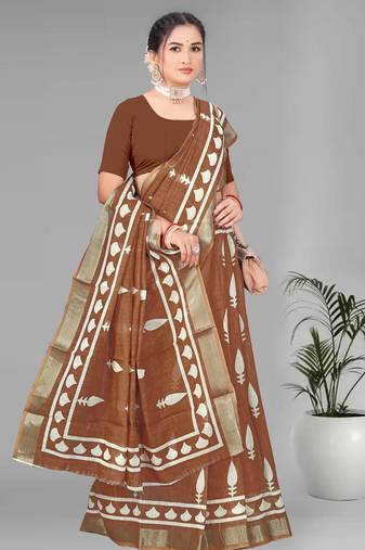 brown  linen cotton digital print saree ( brown)