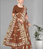 brown  linen cotton digital print saree ( brown)
