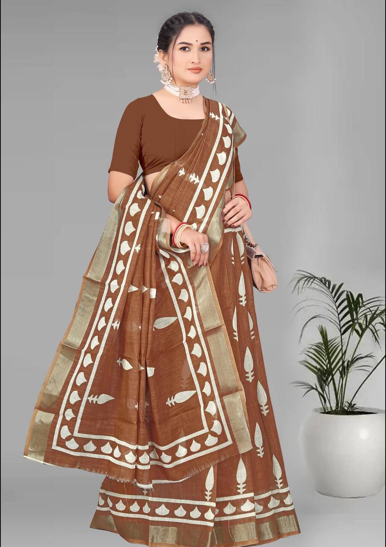 brown  linen cotton digital print saree ( brown)