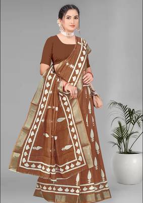 brown  linen cotton digital print saree ( brown) 2