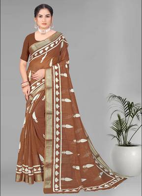 brown  linen cotton digital print saree ( brown) 3
