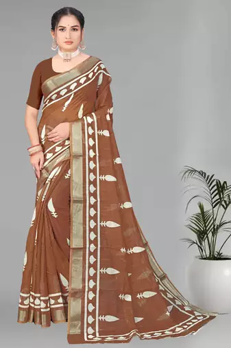 brown  linen cotton digital print saree ( brown)