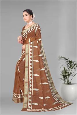 brown  linen cotton digital print saree ( brown) 4
