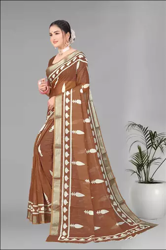 brown  linen cotton digital print saree ( brown)
