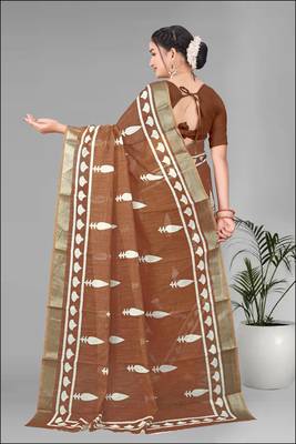 brown  linen cotton digital print saree ( brown) 5