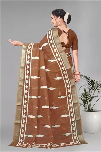 brown  linen cotton digital print saree ( brown)