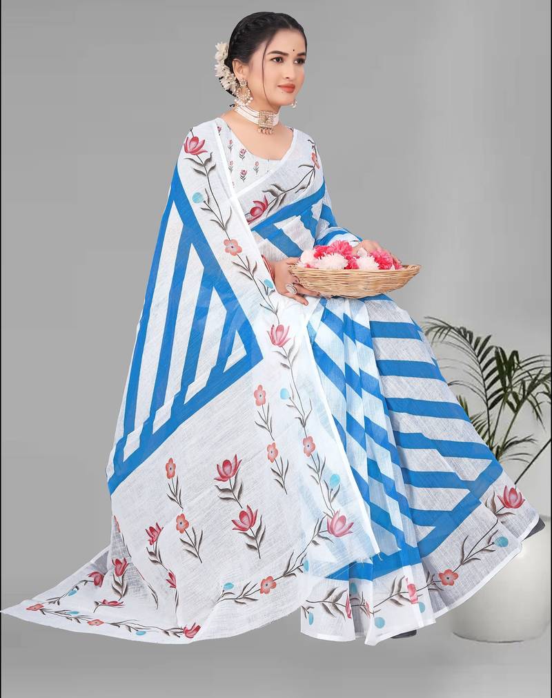 sky blue  linen cotton lining  digital print saree (sky blue)