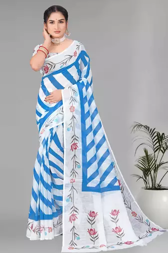 sky blue  linen cotton lining  digital print saree (sky blue)