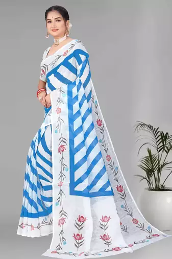 sky blue  linen cotton lining  digital print saree (sky blue)