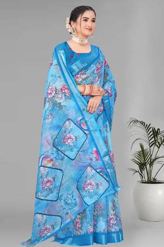 blue  linen cotton  digital print saree (sky blue)