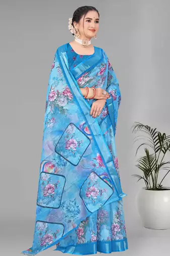 blue  linen cotton  digital print saree (sky blue)