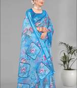 blue  linen cotton  digital print saree (sky blue)