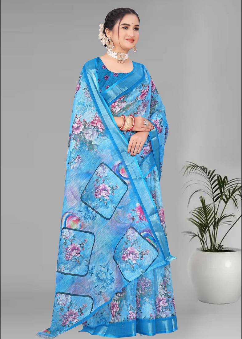 blue  linen cotton  digital print saree (sky blue)