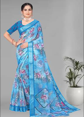 blue  linen cotton  digital print saree (sky blue) 3