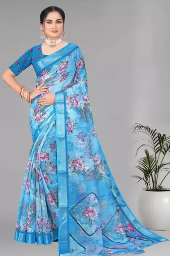 blue  linen cotton  digital print saree (sky blue)