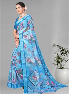 blue  linen cotton  digital print saree (sky blue) 4