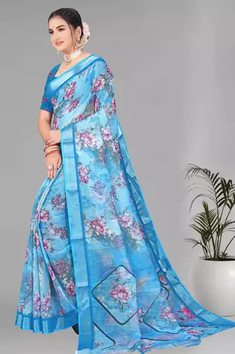 blue  linen cotton  digital print saree (sky blue)