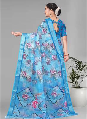 blue  linen cotton  digital print saree (sky blue) 5