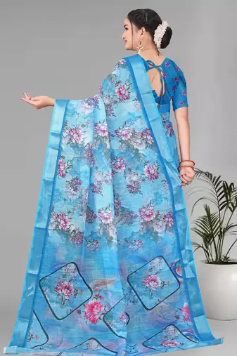 blue  linen cotton  digital print saree (sky blue)