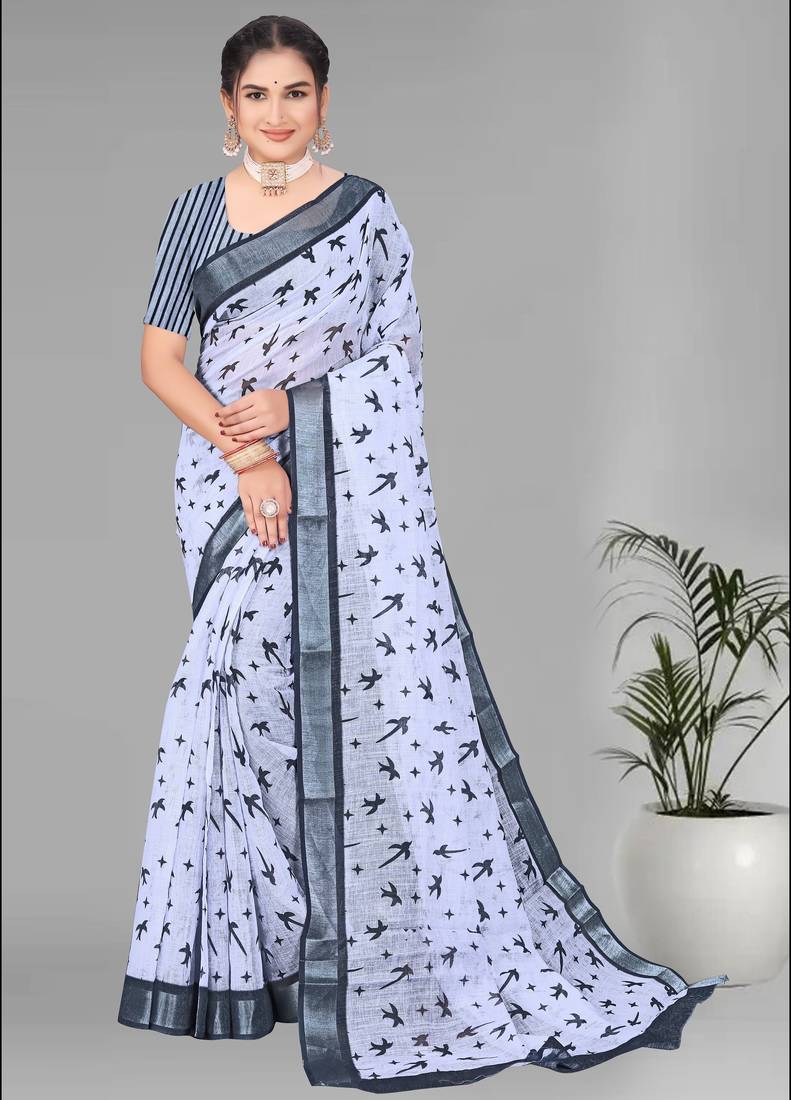 grey  linen cotton digital print saree (grey)