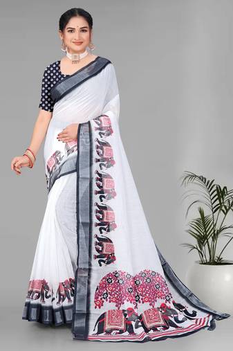 off white  linen cotton  animal digital print saree (white)